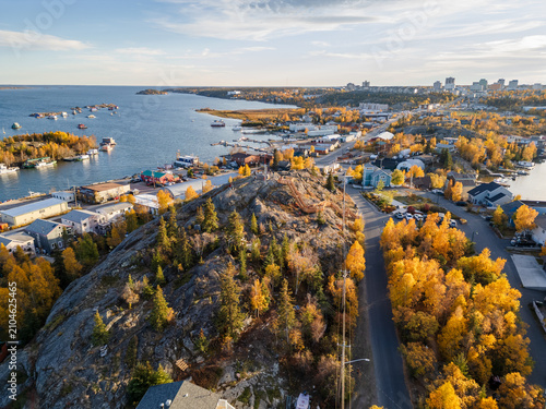 Aerial view of Yellowknife Bay and Old Town in Autumn. Yellowknife, Great Slave Lake, Northwest Territories, Canada.