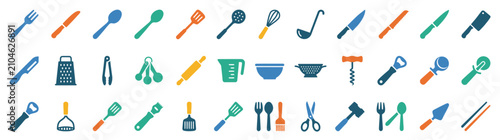 Obraz na plátně Set of Colorful Kitchen Utensils and Cooking Tool Icons