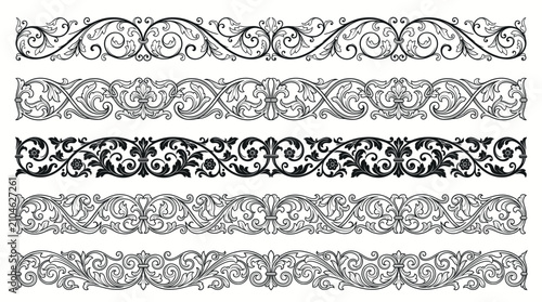 Foto Set of five ornate vintage decorative borders with intricate floral and scroll patterns in black and white illustration style