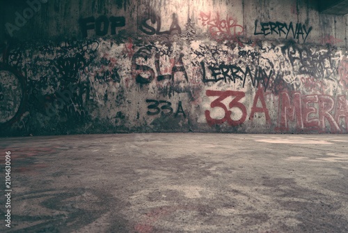 Grungy concrete wall covered in graffiti tags and urban decay
