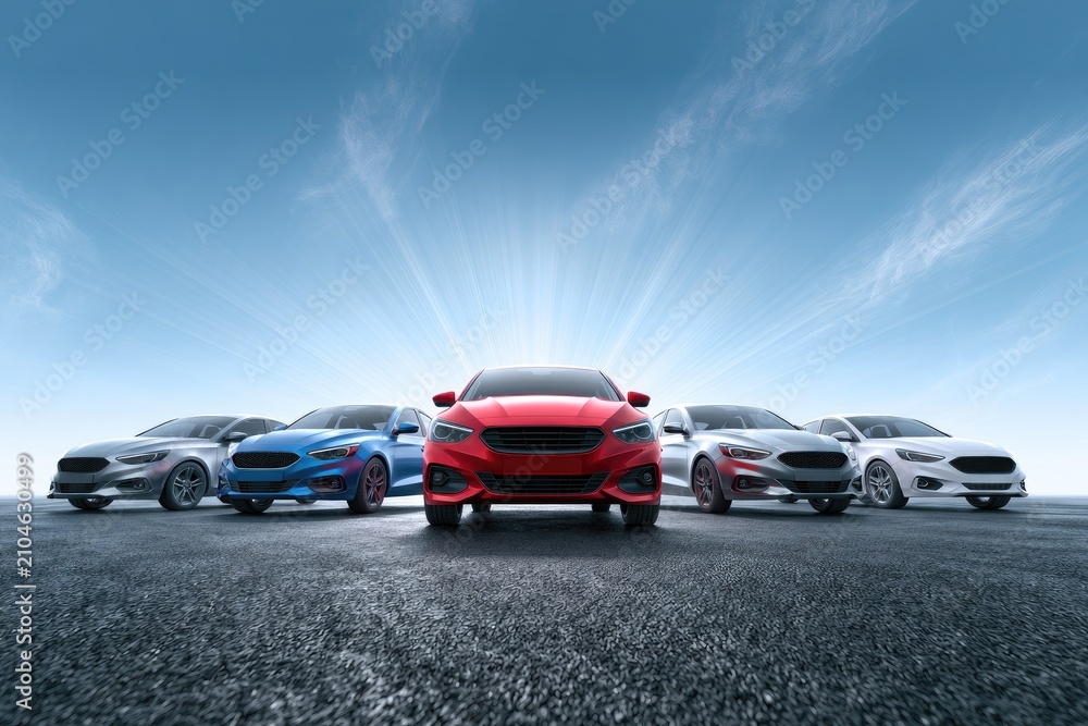 Naklejka premium Five sleek cars in a line, red one prominent, under a radiant blue sky