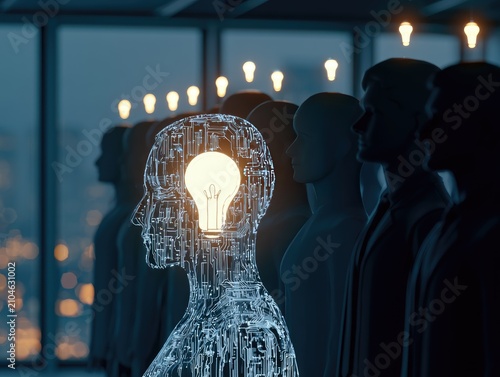 Digital head profile with glowing bulb inside, standing out among many figures