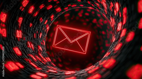 A glowing red envelope icon travels through a digital tunnel of binary code