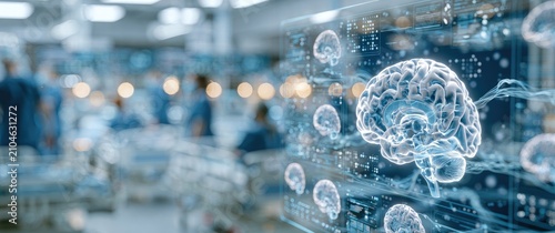 Futuristic holographic brains displayed over a blurred hospital setting
