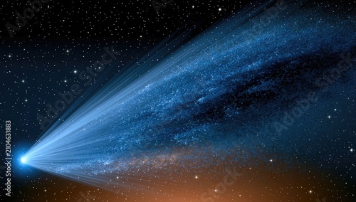 Bright blue tail trails across a starfield, illuminating cosmic dust
