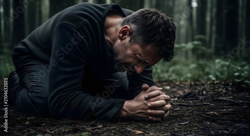 Man kneeling alone on the forest floor in prayer with head bowed and hands clasped, searching for solace in a peaceful nature setting