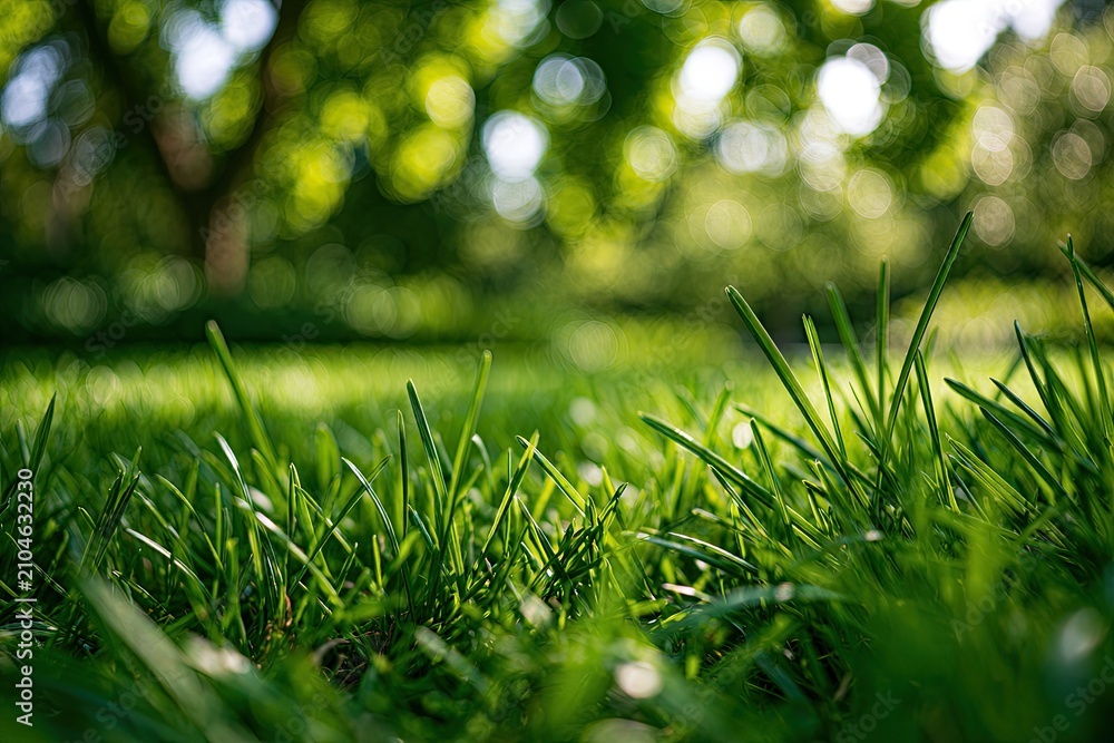 Naklejka premium Lush green grass in soft sunlight, dappled shadows under trees