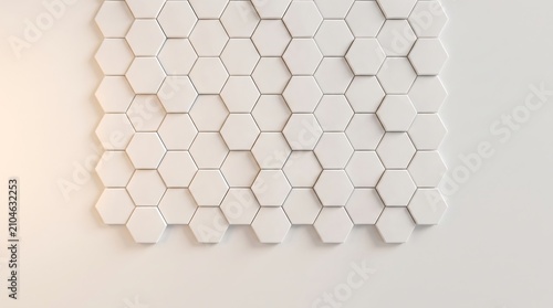 Minimalist white hexagon pattern background with warm orange light glow on the side