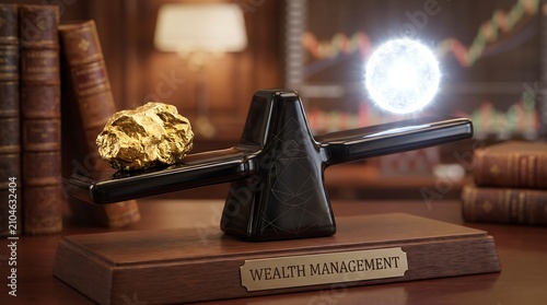 Wealth management scale balancing a gold nugget against a glowing digital sphere representing financial assets