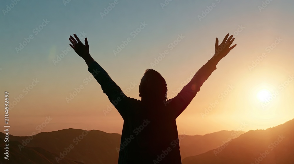 Fototapeta premium Person with arms raised in triumph against a vibrant sunset over hills