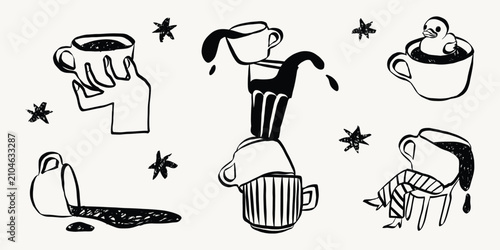 Quirky cafe doodles featuring coffee cups, latte and espresso. Hand-sketched breakfast beverage icons in retro style perfect for menu design projects. Grunge textured Vector Illustration