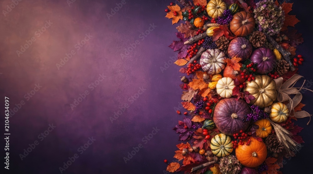 Fototapeta premium Festive thanksgiving background with pumpkins autumn leaves and grains for holiday celebrations