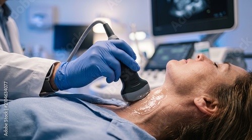 Medical ultrasound scan of neck with gloved probe and gel during thyroid exam