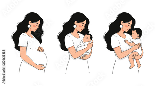 Set of illustrations showing stages of motherhood from pregnancy to holding newborn and infant