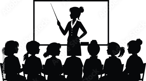 Female teacher silhouette in classroom, school teacher pointing at whiteboard for students, education and learning vector illustration