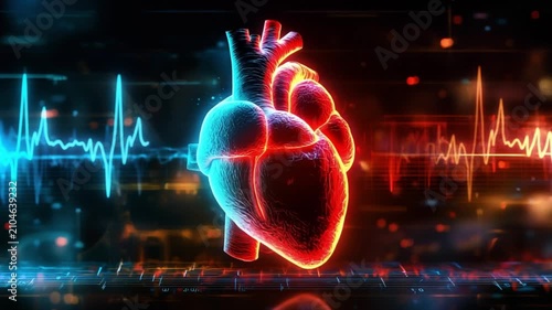 3D Render of Human Heart with ECG Heartbeat Pulse Line on Neon Tech Background