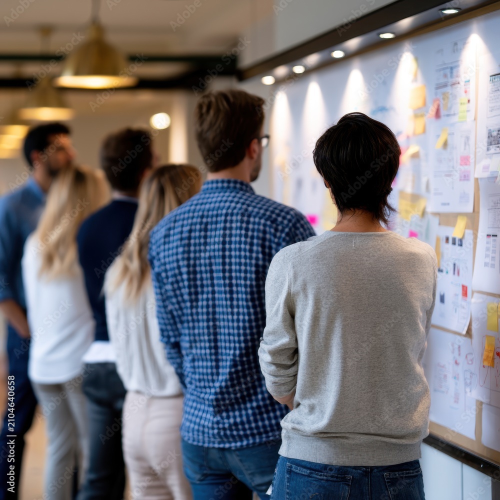 Obraz premium Diverse team of professionals collaborating and analyzing project plans on a whiteboard filled with charts and sticky notes in modern office environment