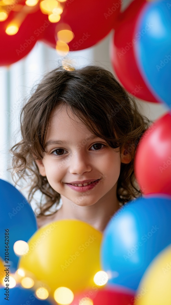 Obraz premium Happy child smiling surrounded by colorful balloons and warm fairy lights, capturing a joyful moment of celebration and festive atmosphere indoors