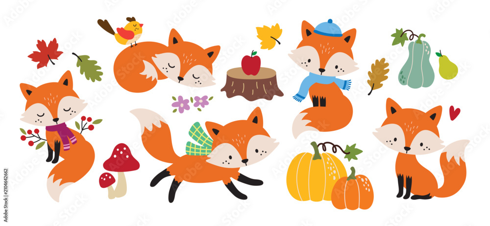 Obraz premium Cute foxes with fall-themed elements vector illustration. Festive foxes wearing cozy hats and scarves, surrounded by woodland elements like autumn pumpkins, apples, leaves, and mushrooms.