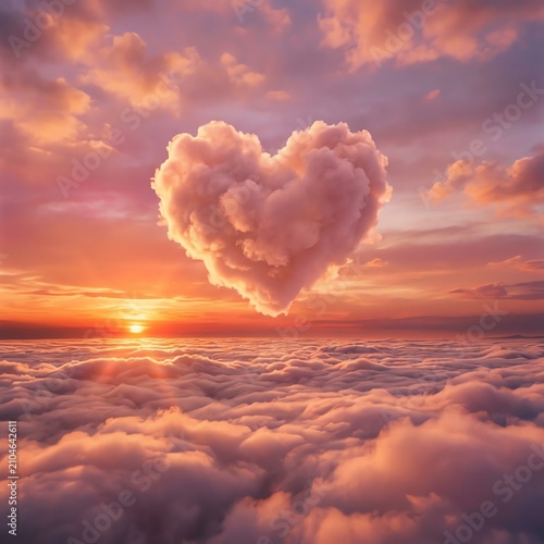 Heart-shaped cloud at sunset over a sea of clouds, symbolizing love and romance