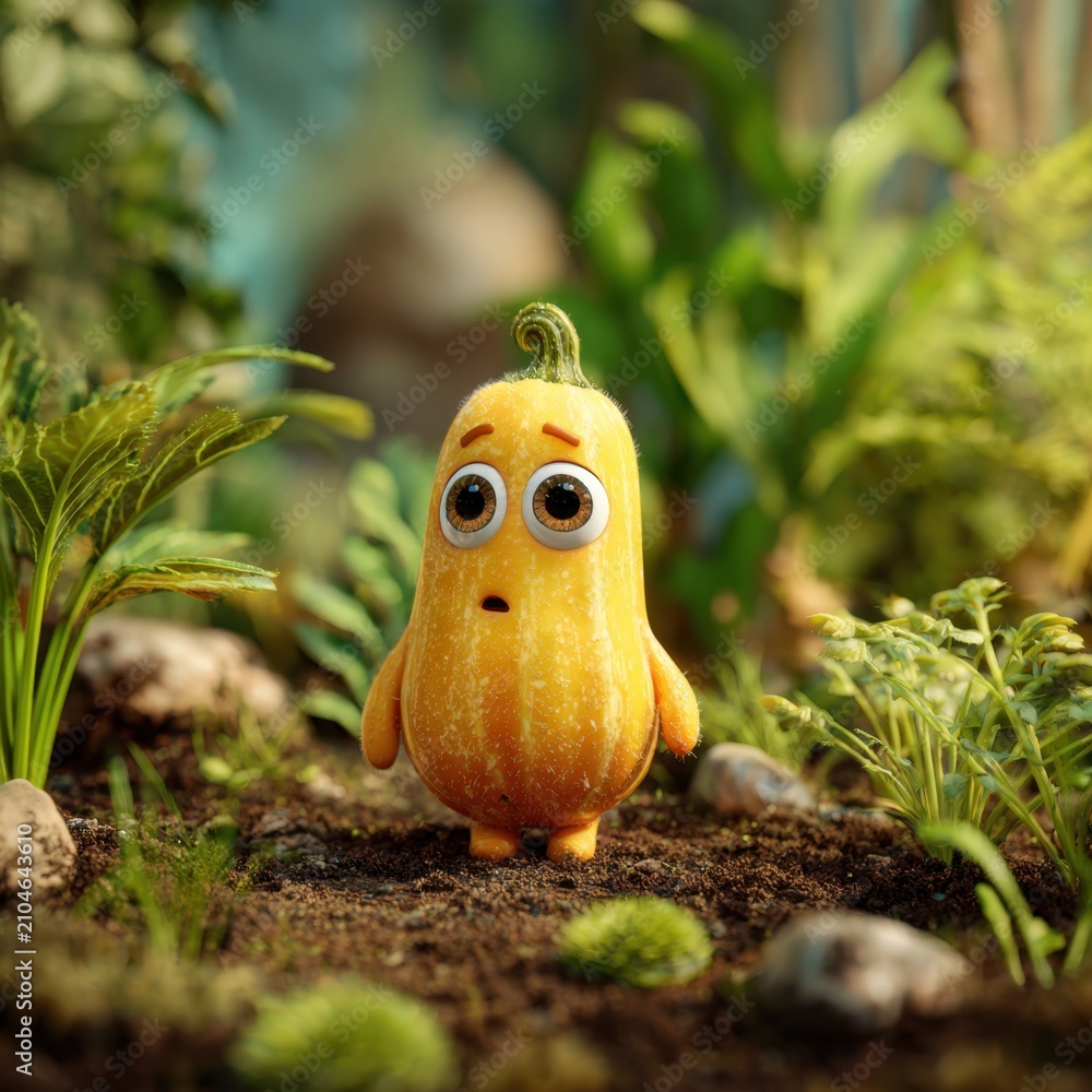 Fototapeta premium Charming anthropomorphic butternut squash character with expressive eyes standing on forest floor surrounded by lush green foliage and soft natural light