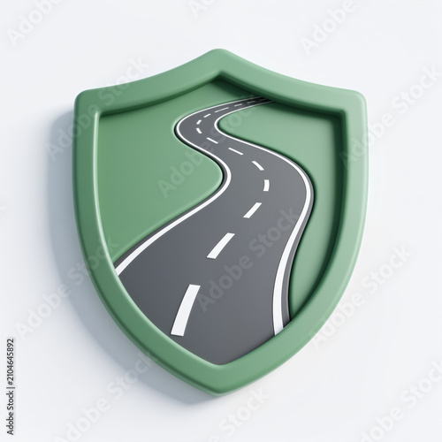 A minimalist, green shield icon with a winding road, symbolizing protection and journey, created in a simple, modern style with a white background.