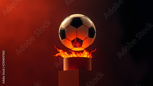 Dramatic 3d render of a soccer ball hovering above a burning pedestal