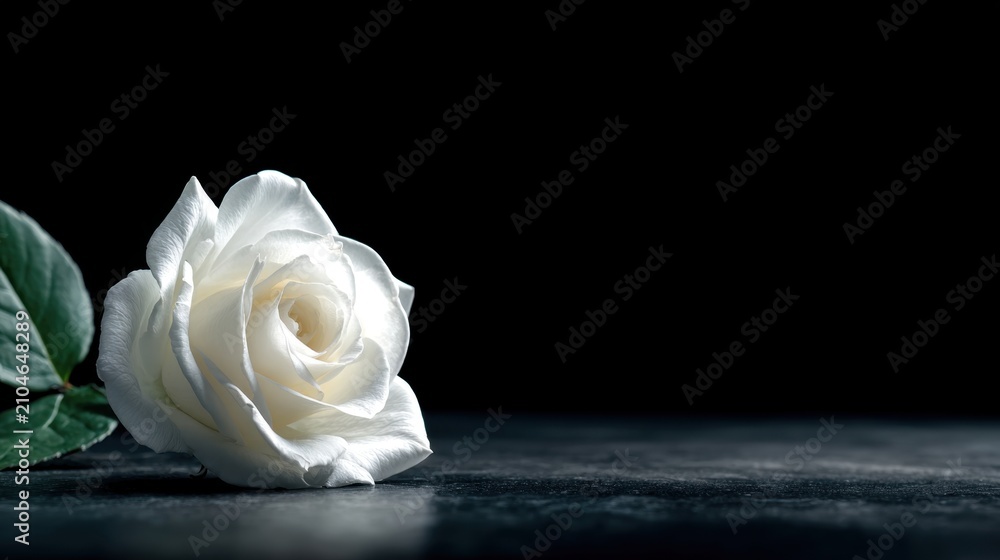 Fototapeta premium Single elegant white rose flower with green leaves resting on dark surface against black background symbolizing purity and simplicity in floral still life compositio