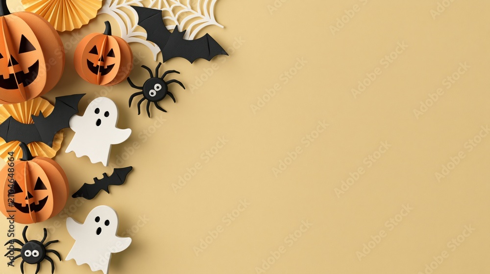 Fototapeta premium Halloween paper craft flat lay, charming ghost figures, pumpkins, bats and spiders arranged around copy space. Minimal background for party invitations, social media, packaging and festive branding