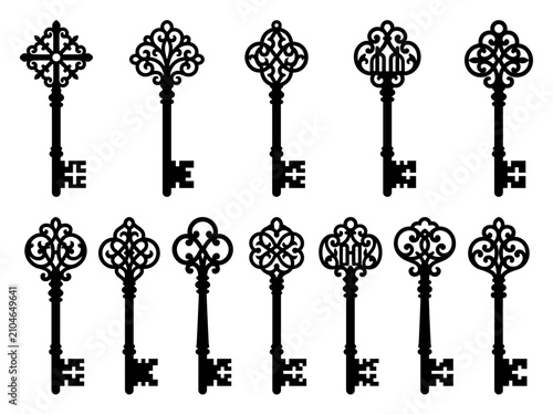 vector Collection of ornate antique skeleton keys in a grid pattern, black silhouette on white background, vintage design elements on transparent background