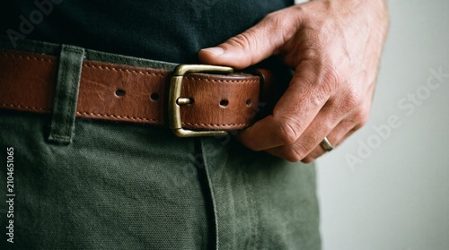 Close-up of a person's hand adjusting a brown leather belt on green pants, indoor lifestyle shot