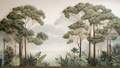 timeless retro forest mural showcasing detailed trees and foliage shrubs on a gentle muted background