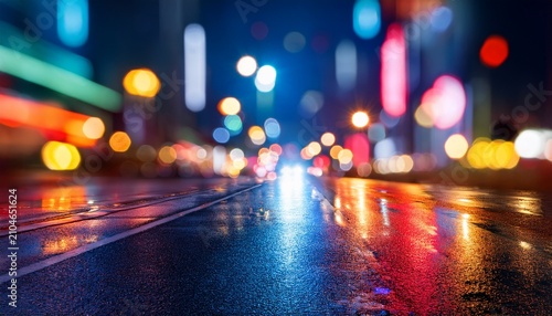 image of wet asphalt road reflecting blurred bright lights of the city neon signs streetlights and car headlights cast multicolored reflections illuminating the scene in yellows reds and blues