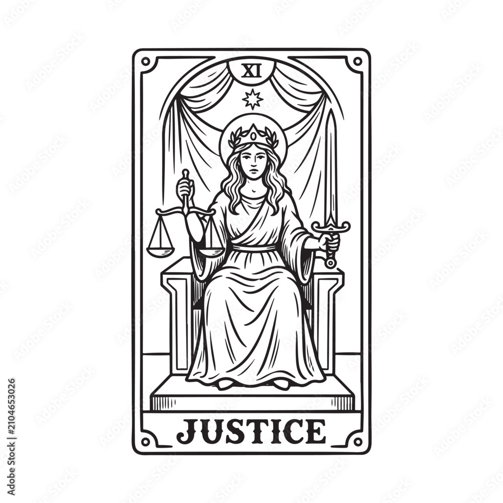 Fototapeta premium Justice tarot card illustration with woman holding scales