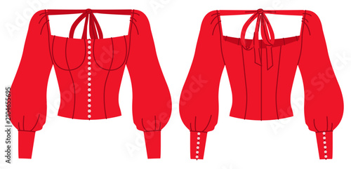 Photography Red corset style top with square neckline, long puff sleeves and structured fitted bodice with seam shaping