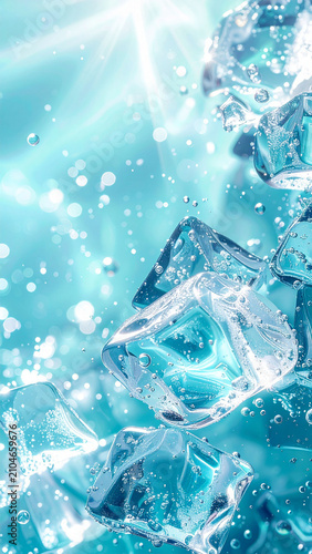 水中で輝く氷のキューブと気泡の涼しげな背景素材　透明感のある青い光が拡散する夏のイメージ　爽やかな飲み物やドリンク広告の演出に活用できる文字入れ用コピースペース付きのクリエイティブな高解像度写真素材