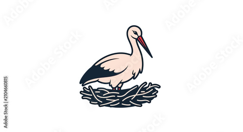 Stork standing in nest with long beak.