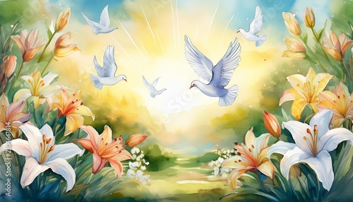 watercolor resurrection scene with lilies and doves in spring garden