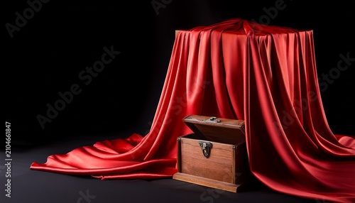 red curtain draped over a mysterious box a luxurious red silk curtain is draped elegantly over a wooden box on a black background this image evokes a sense of anticipation and unveiling mystery