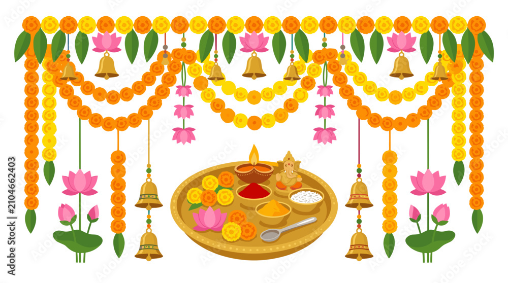 Naklejka premium Indian Festival Decoration with Ganesha Idol Diya Flowers Bells and Garlands Vector Illustration