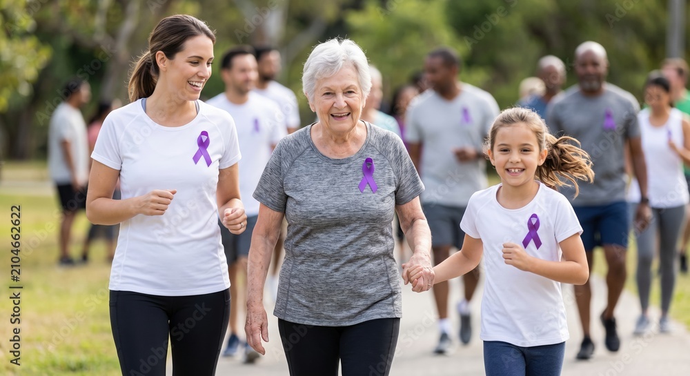 Obraz premium Woman an elderly woman and a child participate in a charity walk while wearing purple ribbons World Alzheimer's Day