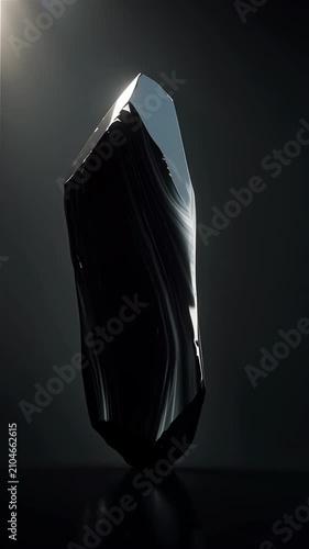 Glossy black obsidian monolith with subtle cinematic lighting reflections standing in a vast minimalist dark void, detailed 3D CGI animation ideal for abstract background concepts