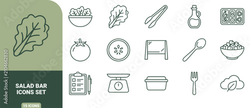 Foto Salad bar icon set featuring outline of fresh vegetables, kitchen utensils, food