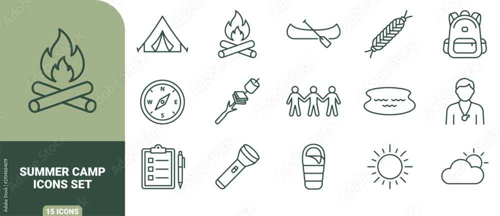 Fototapeta premium Summer camp icon set featuring line of camping gear, outdoor activities, nature and adventure equipment on a white background