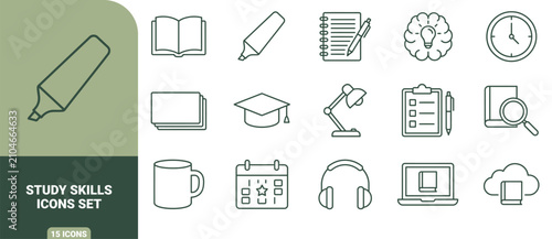 Study skills icon set featuring outline of books, stationery, graduation cap, desk lamp, laptop, and educational tools in dark green