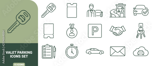 Schilderij op canvas Valet parking icon set featuring outline of car keys, parking tickets, attendant