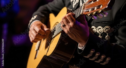 Close-up of a Mariachi musician playing a guitar on stage.