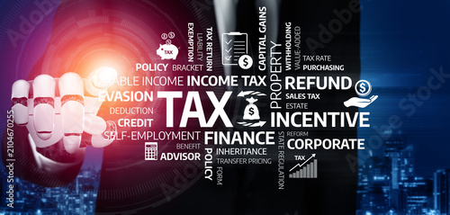 Tableau sur toile Visual representation of taxation and finance, showcasing various elements such as tax refund, income tax, and corporate incentives