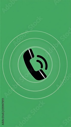 Continuous animation of black incoming phone call icon with expanding ringing waves on solid chroma key green screen background, seamless loop for video editing and communication projects