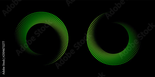 Abstract spiral halftone pattern with green gradient dots on black background. Futuristic, modern, and eye-catching design perfect for digital art, backgrounds, or technology themes.